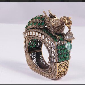 Handcrafted Peacock Bangle with Emerald & Diamond Accents